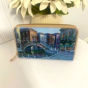 Women’s Zip Around Wallet Building Print Sky Blue